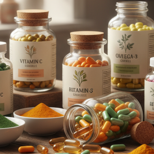 mesa con botes de capsulas de vitaminas y suplementos